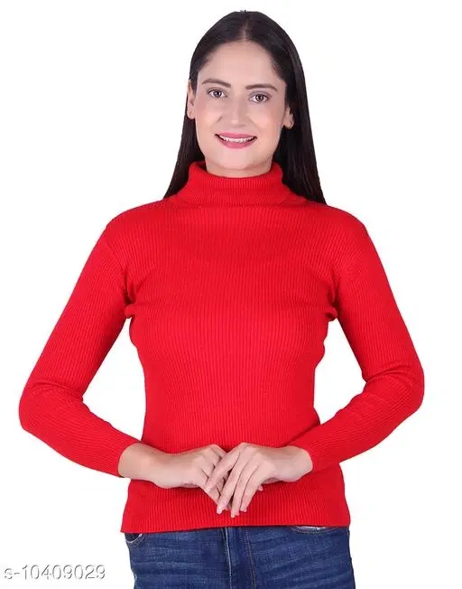 Hi-Neck Sweater for Women (Red, M)
