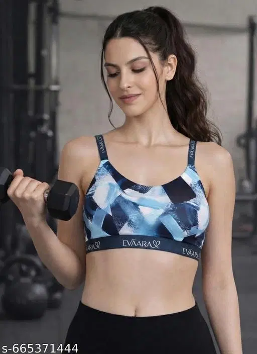 Evaara Printed Sports Bra for Women (Blue, 34B)
