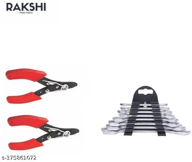 Combination Wrench Hand Tool Set, 8 Pcs with 2 Pcs Cutting Plier, Silver & Red, Set of 2