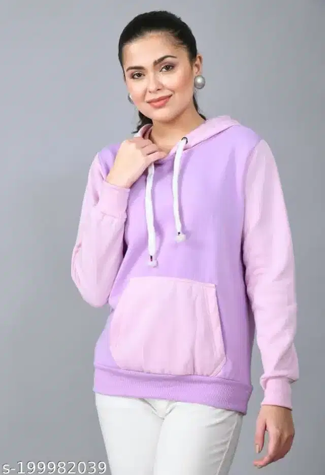 Fleece Colorblocked Full Sleeves Hooded Sweatshirt for Women (Pink & Lavender, XL)