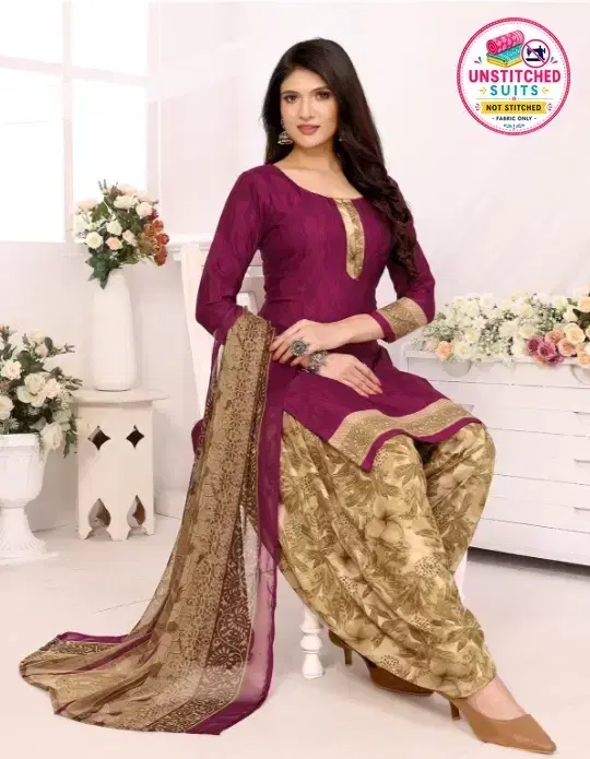 Floral Print Crepe Unstitched Suits Fabric for Women, Purple (One Size)