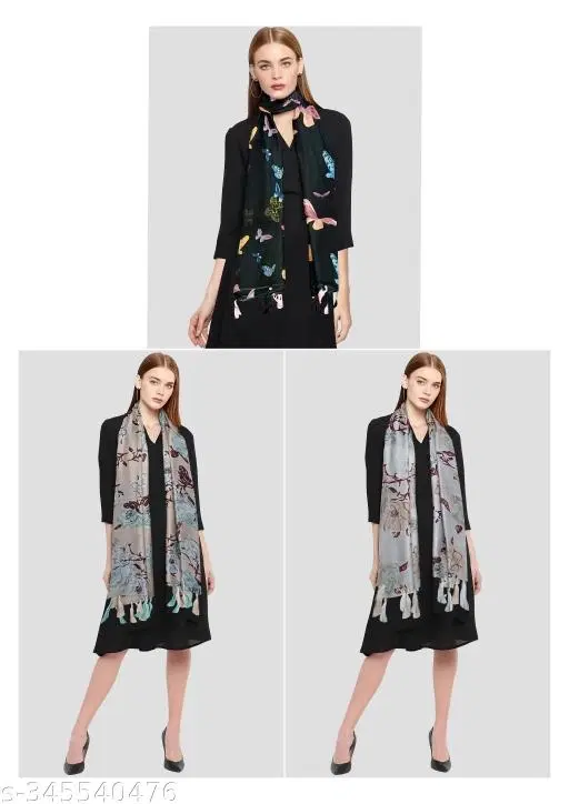 Poly Chiffon Printed Scarves for Women, Multicolor, Pack of 3