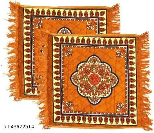 Velvet Pooja Mats for Home, Rust & Yellow, Pack of 2