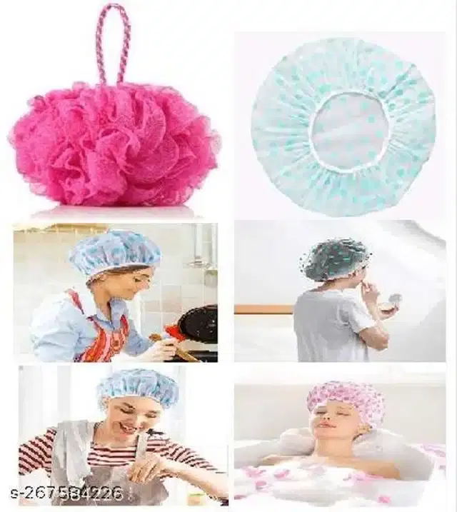 Bath Shower Loofahs with Elastic Reusable Bathing Hair Cap for Women, Pink & Aqua Green, 2 Pcs