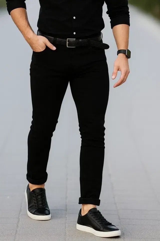 Slim Fit Solid Jeans for Men, Black (28)