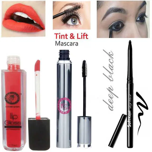Combo of 1 Colors Queen Waterproof No Transfer Orange Lip Gloss, 7.5 ml & 1 Colors Queen Brow Tint & Lift Long Lash Waterproof Mascara, 6 ml & 1 Colors Queen 12 Hours Long-Lasting Smudgeproof Waterproof Deep Black Soft Kajal, R864