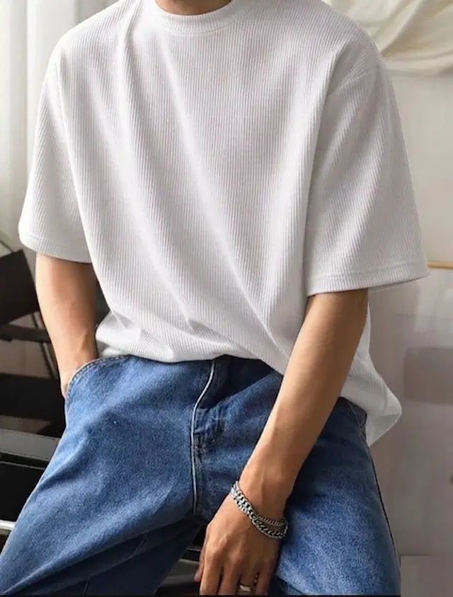Ribbed Knit Oversized T-shirt for Men (White, M)