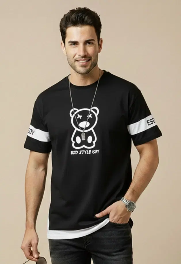 Polyester Printed T-shirt for Men, Black (L)