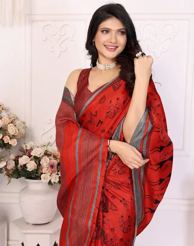 Printed Kalamkari Assam Art Silk Saree with Blouse for Women (Red, Free Size)