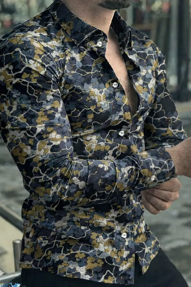 Lycra Geometric Print Shirt for Men, Yellow (XL)