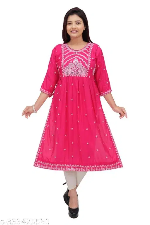 Rayon Naira Cut Kurta for Women (Pink, XL)