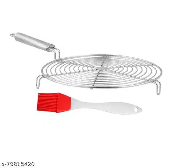 Stainless Steel BBQ Grill with Oil Brush, Red & Silver, Set of 2