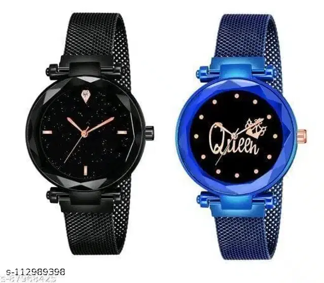 Analog Watch for Women, Set of 2 (Blue & Black)