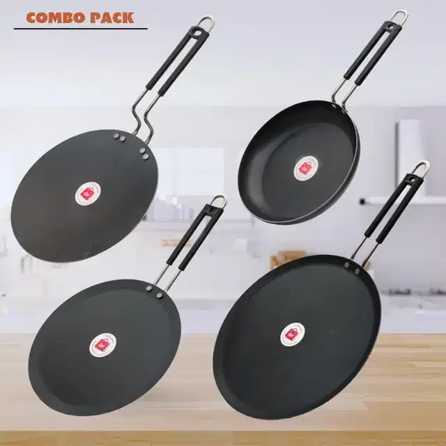 Frying Pan & Tawa Set, Pack of 4, Black, 1000 ml