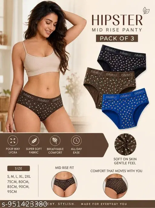 Printed Mid Rise Hipster Panties for Women, Pack of 3 (Multicolor, S)