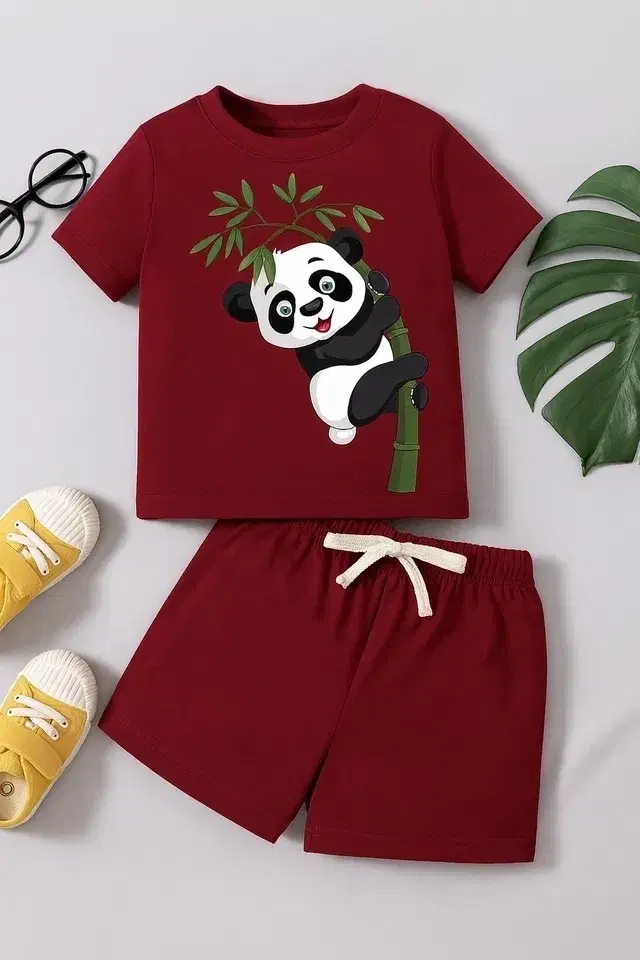 Cotton Blend Printed Clothing Set for Boys, Maroon (12-18 Months)