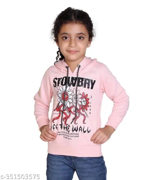 Woolen Printed Hoodie for Girls (Peach, 7-8 Years)