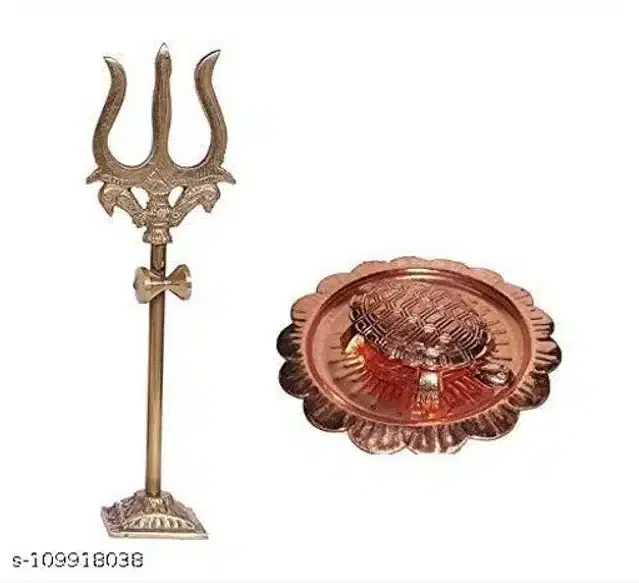 Turtle with Plate & Trishul Showpieces, Brass, Set of 2