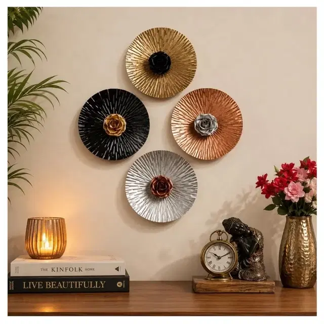 Premium Handcrafted Metal Floal Wall Decor Set Of 4 Wall Art For Home And Office 26x26x12cm