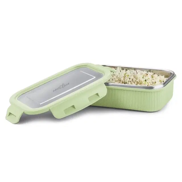 Milton Cool Touch Rectangular 600 Stainless Steel Microwave Safe Container, 580 ml 1 Containers Stainless Steel Office Lunch Box (580 ml), Light Green