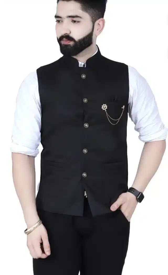 Cotton Blend Ethnic Jacket for Men (Black, M)