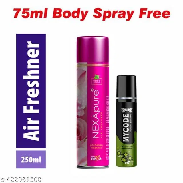 Nexa Rose Air Freshener, 250 ml with MYCODE Crazy Girl Body Spray, 75 ml, Set of 2