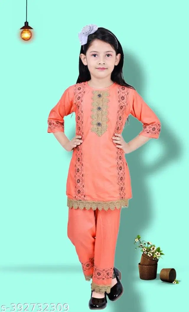 Rayon Printed Kurta with Pant for Girls (Peach, 6-7 Years)