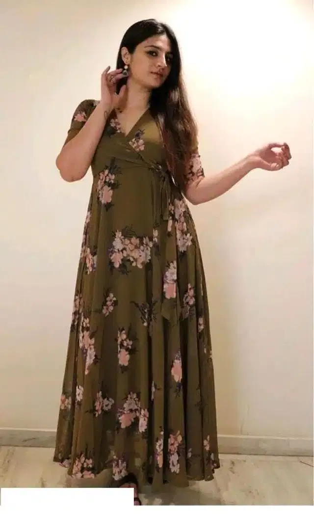 Women's Printed Anarkali Flared Gown (Green, M)