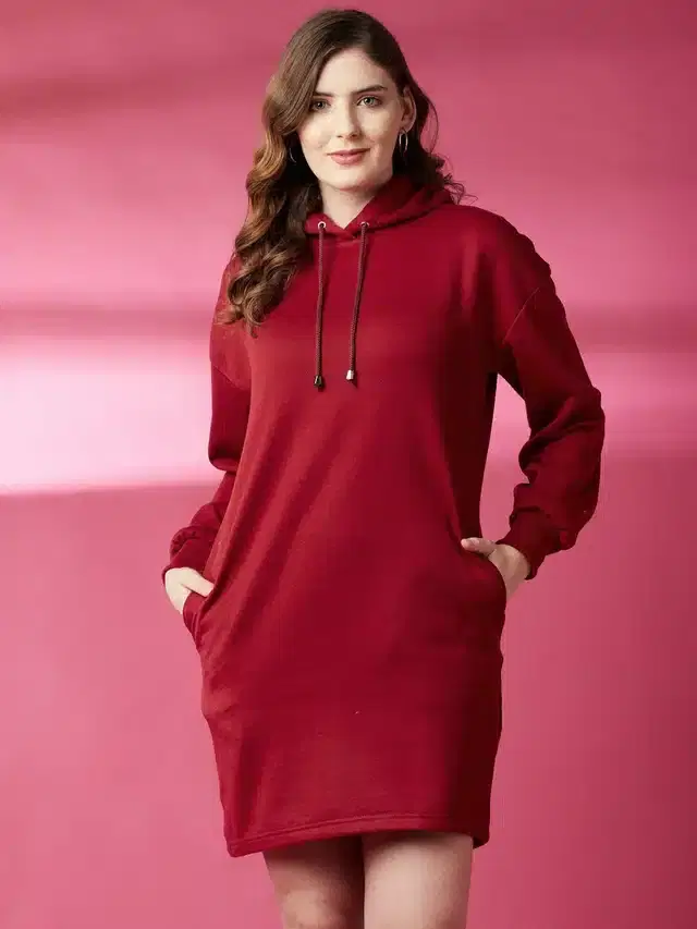 Fleece Blend Hooded Long Sweatshirt for Women (Maroon, L)