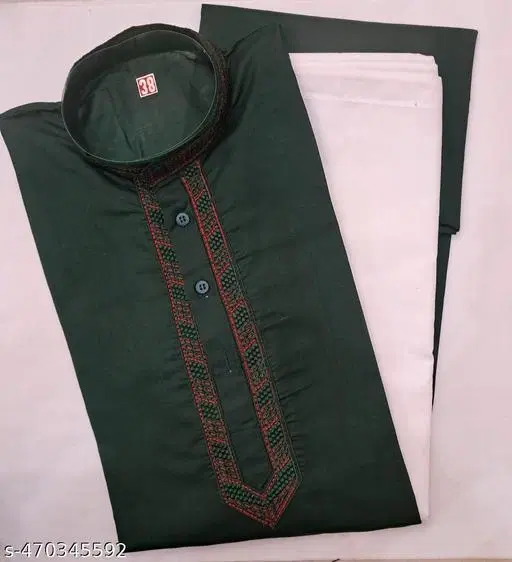 Cotton Solid Kurta Set for Men, Dark Green (M)