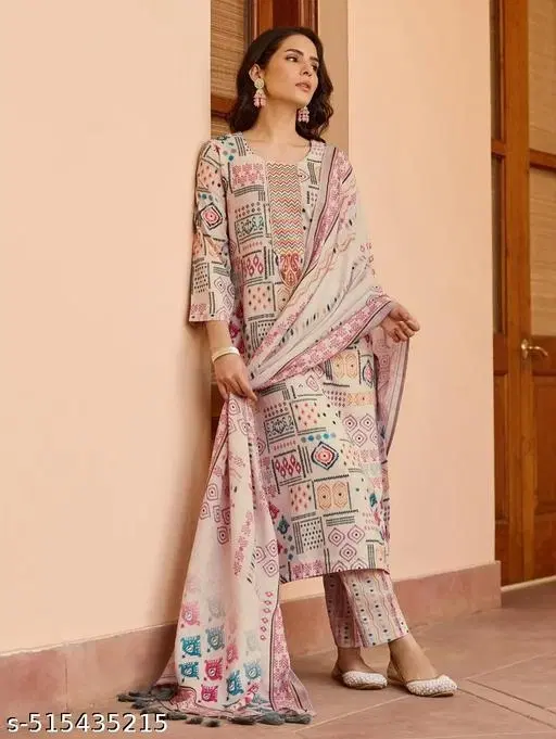 Cotton Printed Kurta With Paint & Dupatta Set for Women, Multicolour (M)