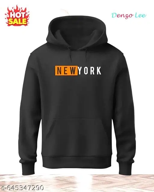 Fleece Printed Hoodie for Men, Black (L)