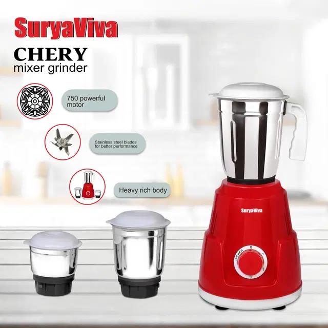 SURYAVIVA Chery 750 W Mixer Grinder, Chery Mixer Grinder 750 Watt | 3 Jars | Red
