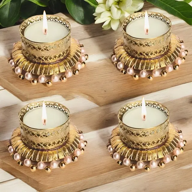 Metal Designer Tealight Candle Holder, Gold, 6.5x6.5x3 cm, Pack of 4