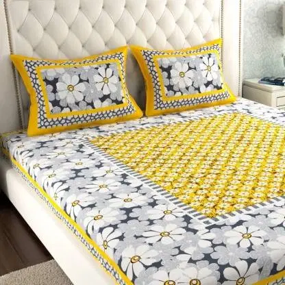 Cotton Double Bedsheet, Floral White& Yellow Jaipuri Print, 80x90 Inch