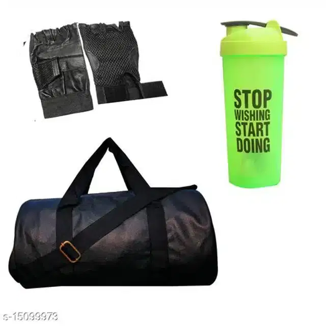 Combo of Gym Bag with Shaker Bottle, 400 ml, Gloves, Multicolor, Set of 3