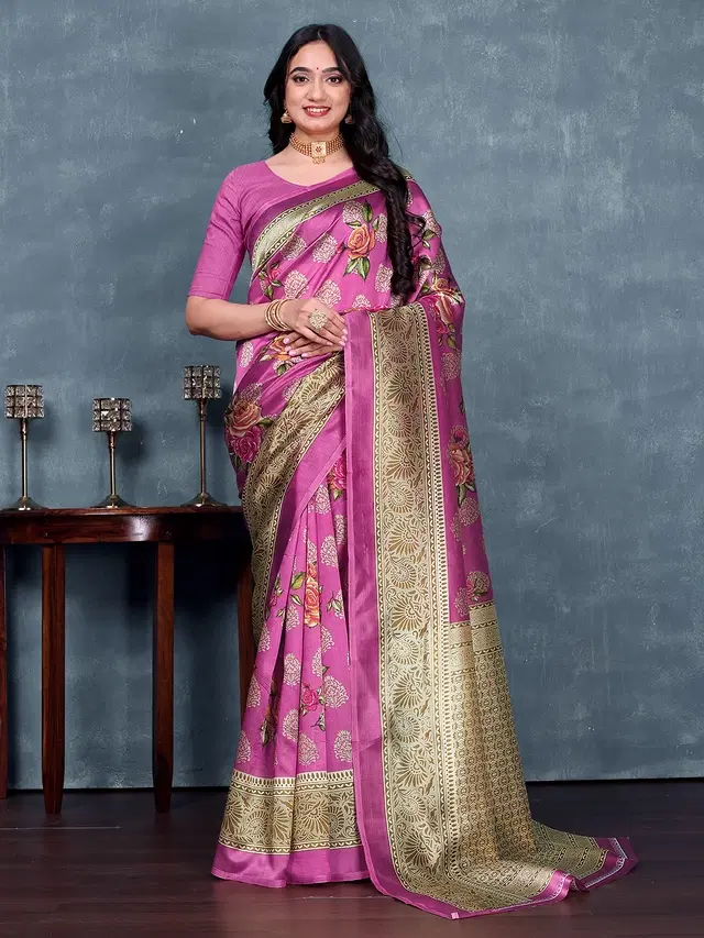 Art Silk Printed Saree for Women, Peach (6.3 m)