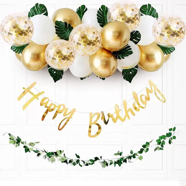 Happy Birthday Decoration Kit With Golden Balloons & Artificial Leaves (Set of 36)
