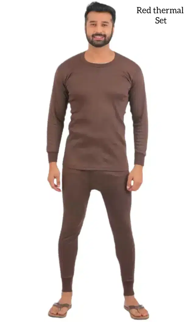 Cotton Blend Solid Thermal Set for Men (Dark Brown, S)