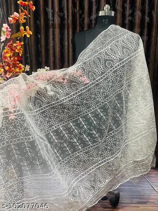 Floral Embroidered Net Dupatta for Women (White, Free Size)