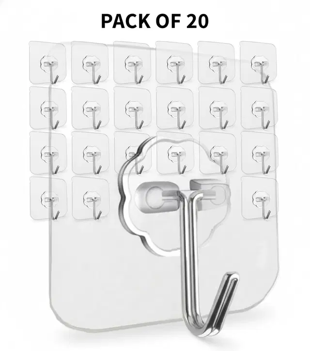 Plastic Wall Hooks, Transparent (Pack of 20)