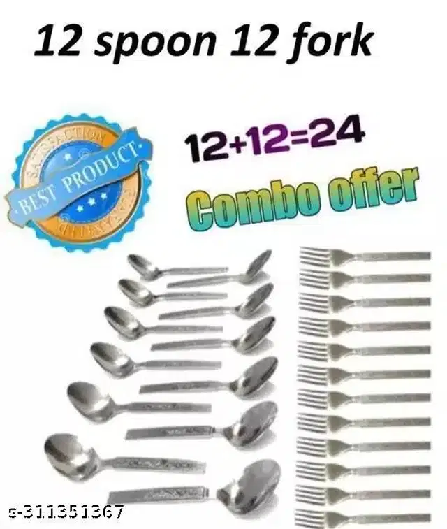Plastic 12 Pcs Spoons with 12 Pcs Forks, Silver, Set of 2