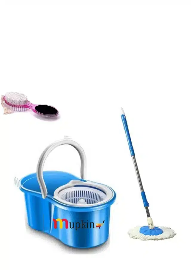 PVC Magic Spin Bucket Mop with Pedicure Brush Set, Blue, Set of 2