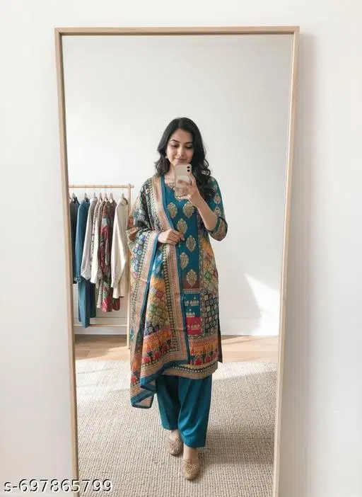 Bandhani Printed Jaipuri Designs Embroidered Top Bottom Duppata for Women (Blue, Un Stitched)
