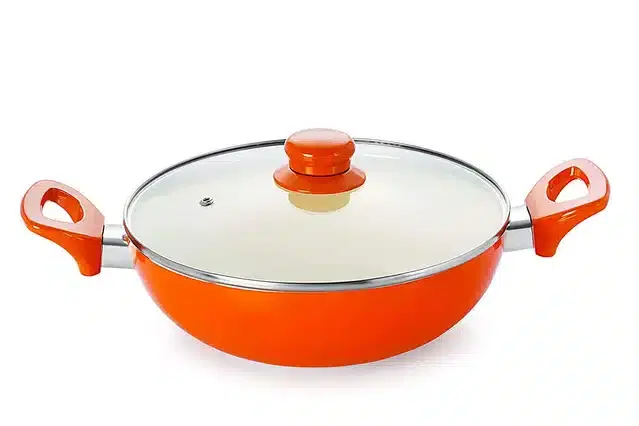 Aluminium Non Stick Sauce Pan with Glass Lid, Orange, Set of 1