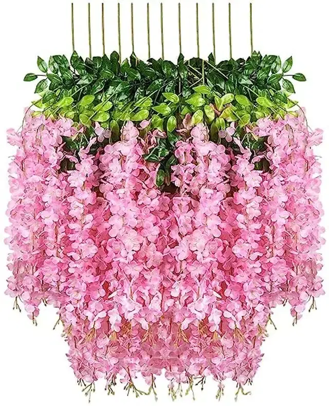Artificial Long Hanging Bush Wisteria Flowers, Pink, Pack of 6
