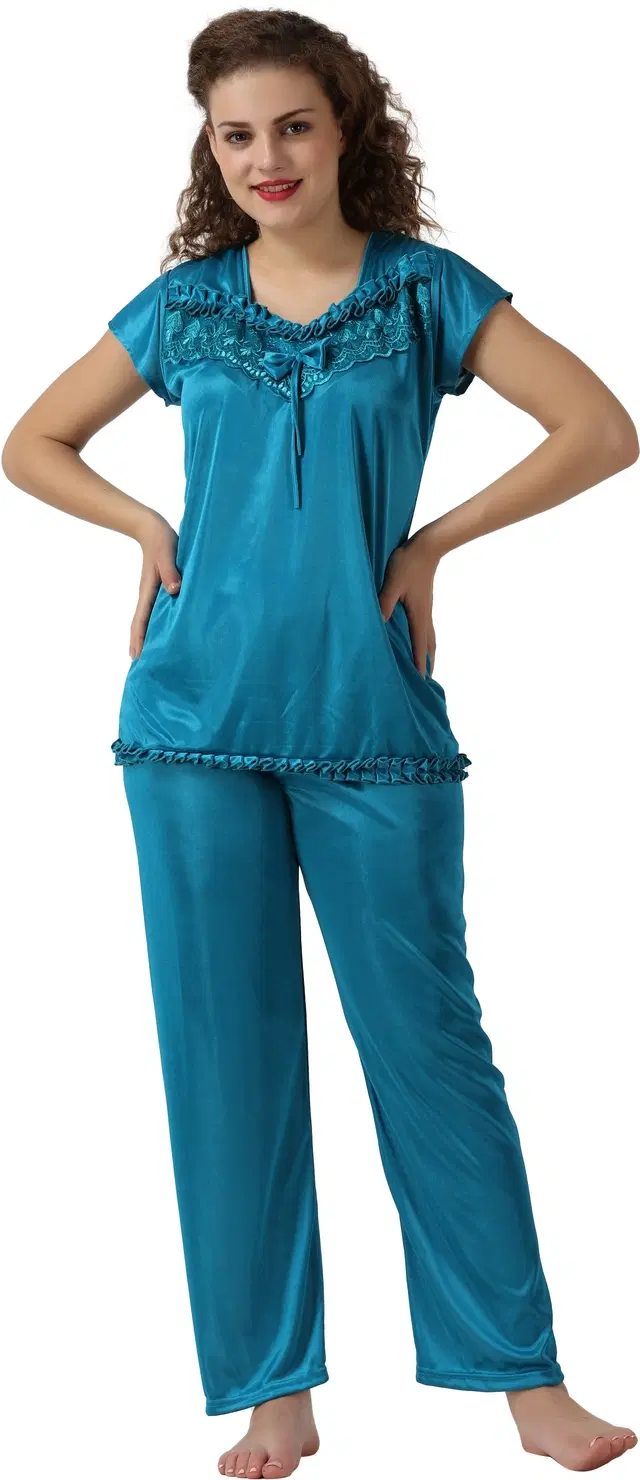 Satin Solid Nightsuit Set for Women (Teal, Free Size)
