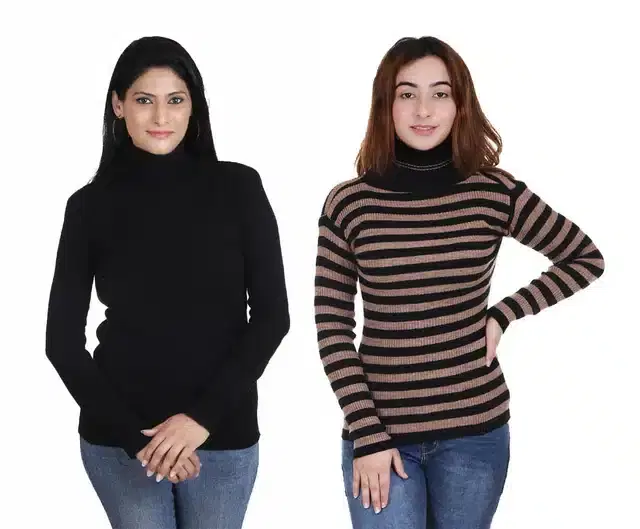 Full Sleeves Solid Sweater for Women, Pack of 2 (Black & Brown, M)