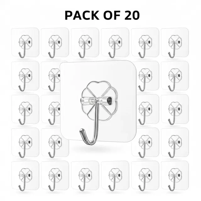 Plastic Wall Hooks, Transparent (Pack of 20)