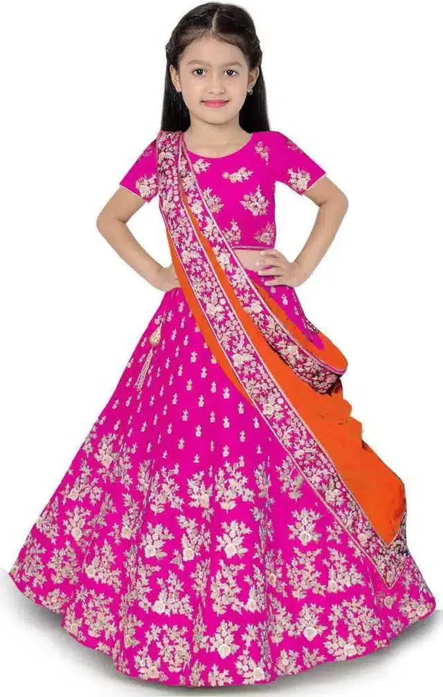 Net Embroidered Semi Stitched Lehenga for Girls (Pink, 15-16 Years)